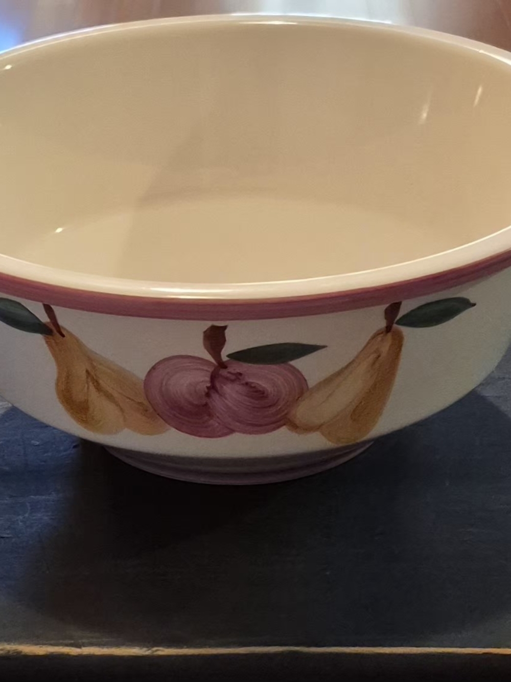 Cream Ceramic Fruit-Pattern Serving Bowl in Purple Trim